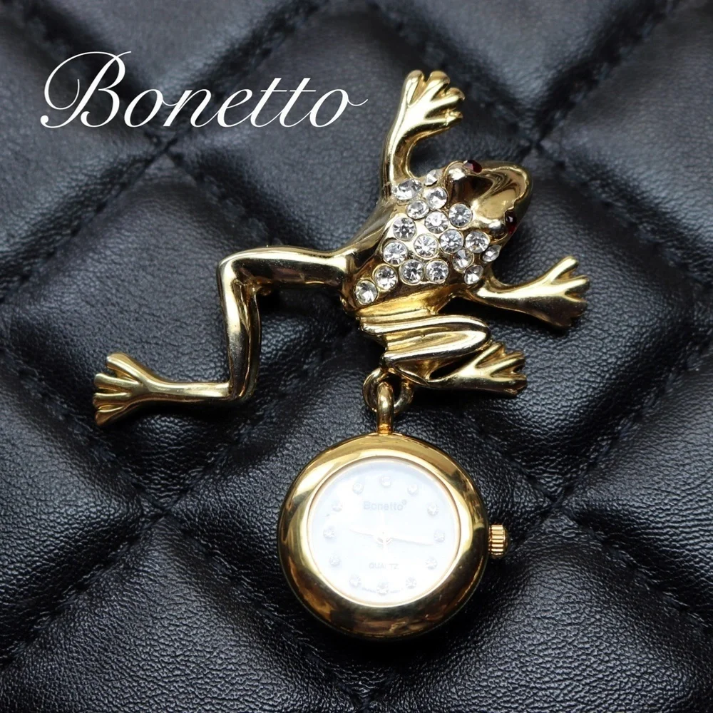 Vintage Bonetto Crystal Frog Watch Brooch